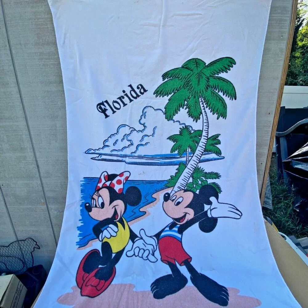 Vintage 90s Disney Retro Beach Towel Mickey Minnie Mouse Florida Palm Tree